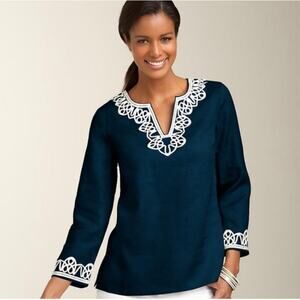 EUC Talbots Women’s Small Navy Blue 100% Linen V Neck Shirt Top Rope Design
